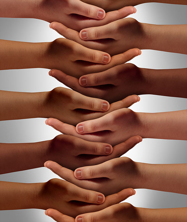 People's hands vertically stacked